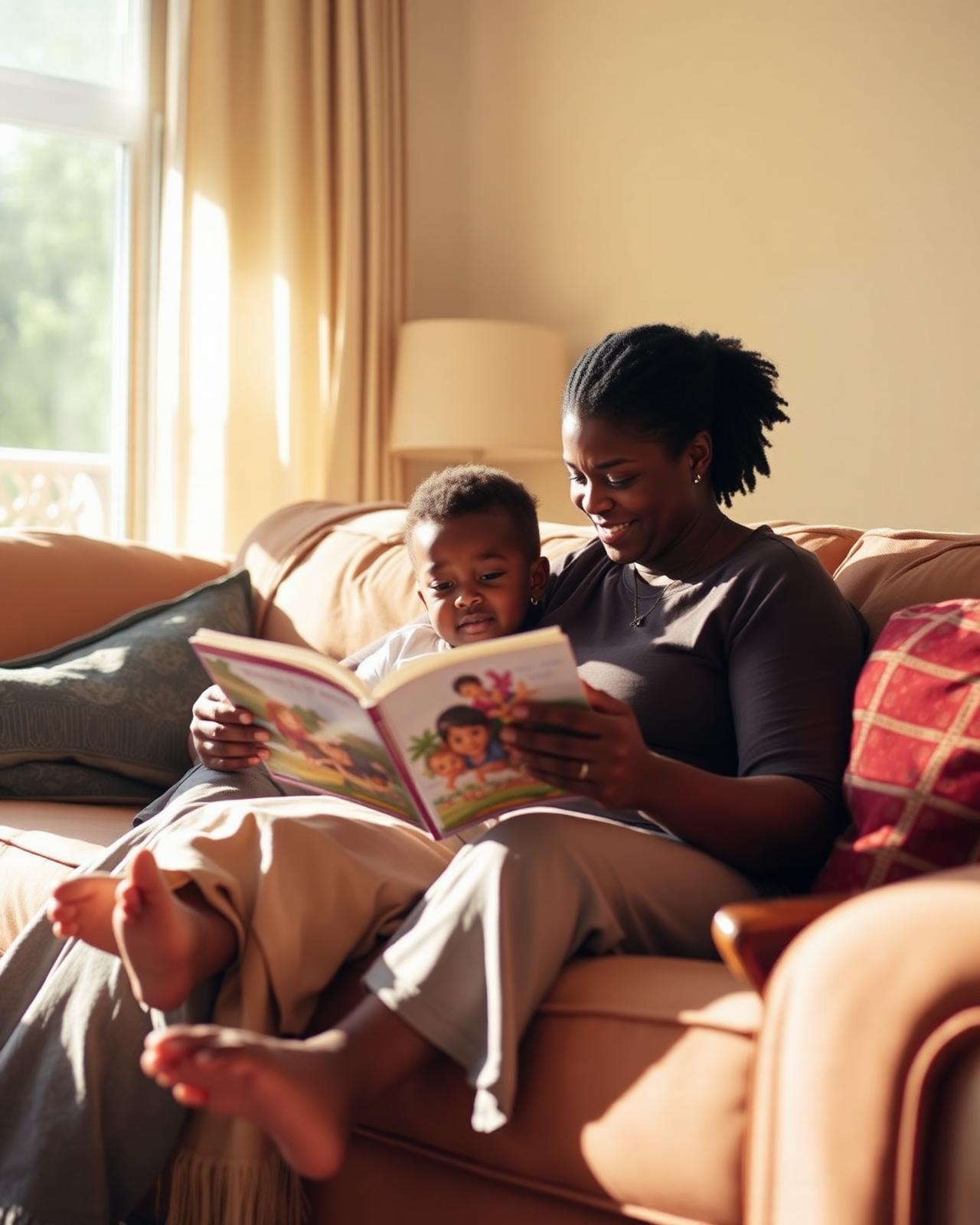 A house parent reading a picture book on a cozy couch with two children in a sunlit living room